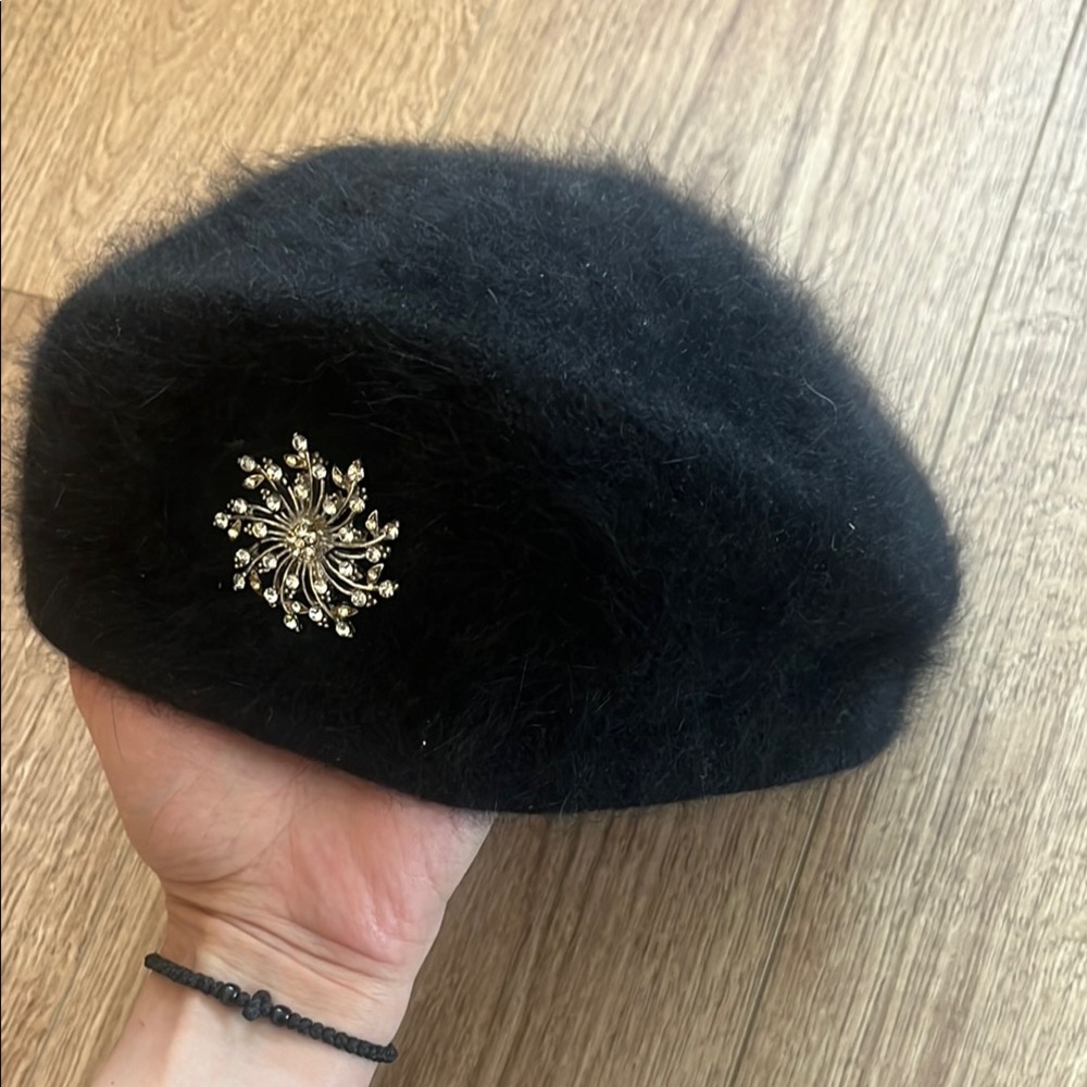 Vintage Black Beret with Gold Brooch